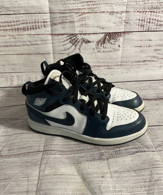 Nike Air Jordan 1 Mid French Blue White Youth 3Y Kids High Top Sneakers