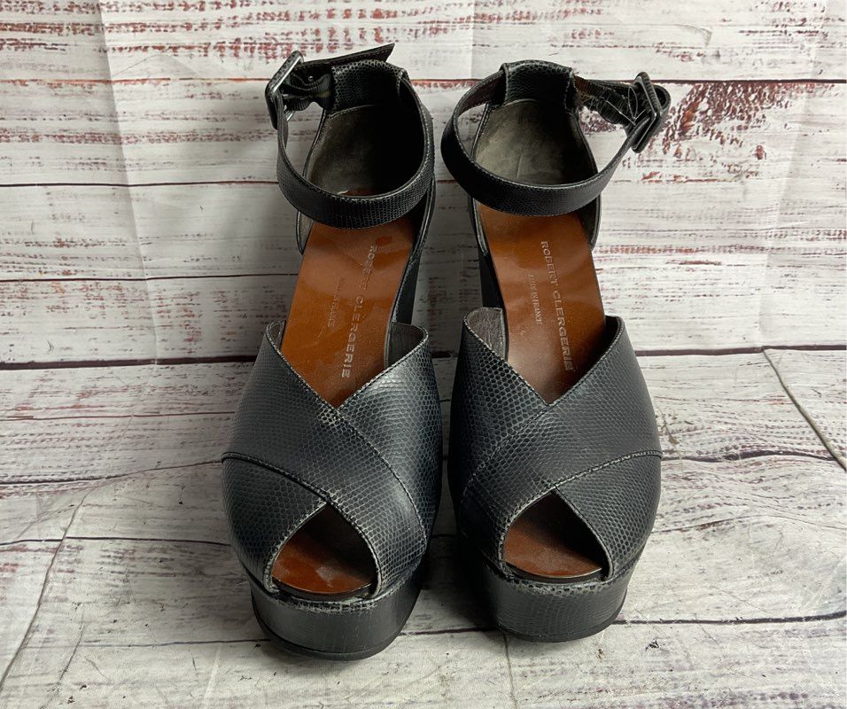 Robert Clergerie Reptile Embossed Dylan Platform Sandal Black 7