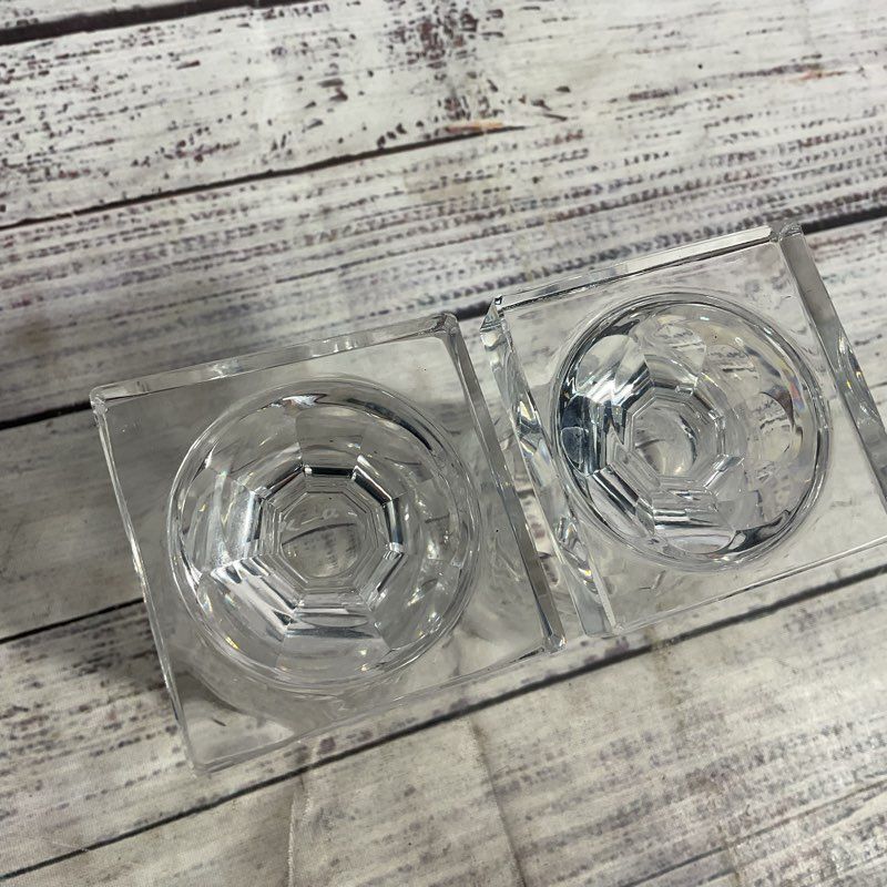 Pair of Kosta Boda Kent Cut Crystal 5" Square Base Goblet Wine Glasses