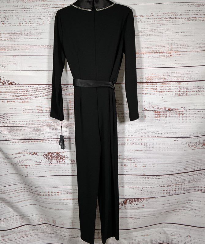 NWT Adrianna Papell Black Crystal Tuxedo Trim Jumpsuit Size 4 Retail $199