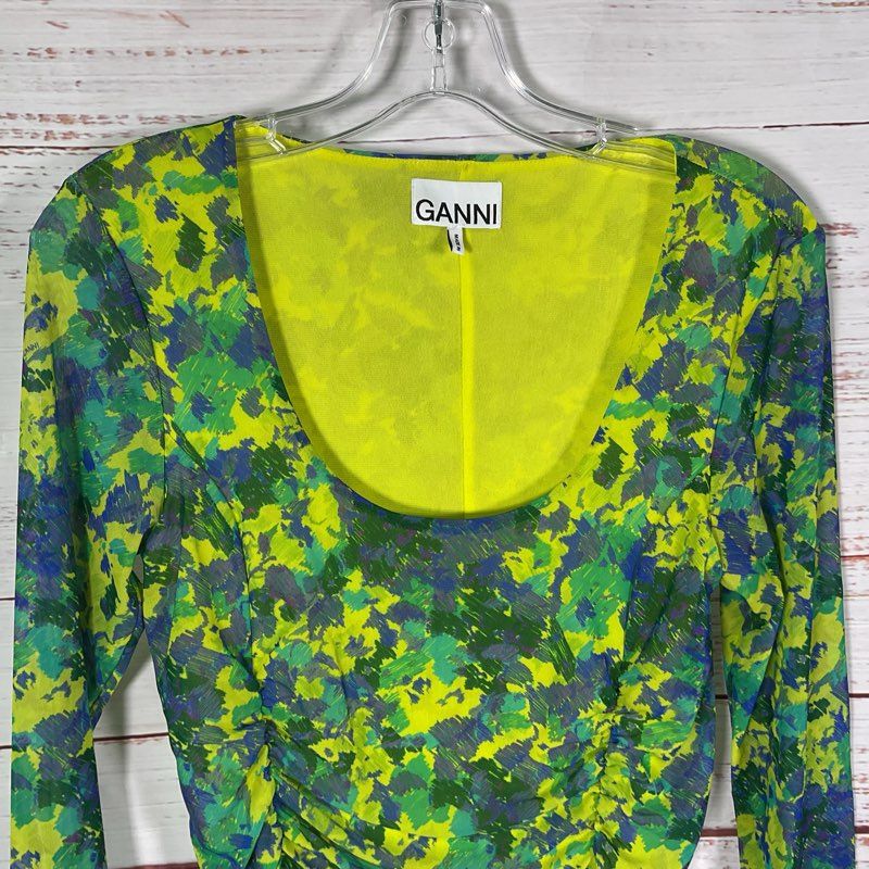 Ganni Green & Blue Floral Print Ruched Mesh L/S Scoop Neck Midi Dress - Size 36
