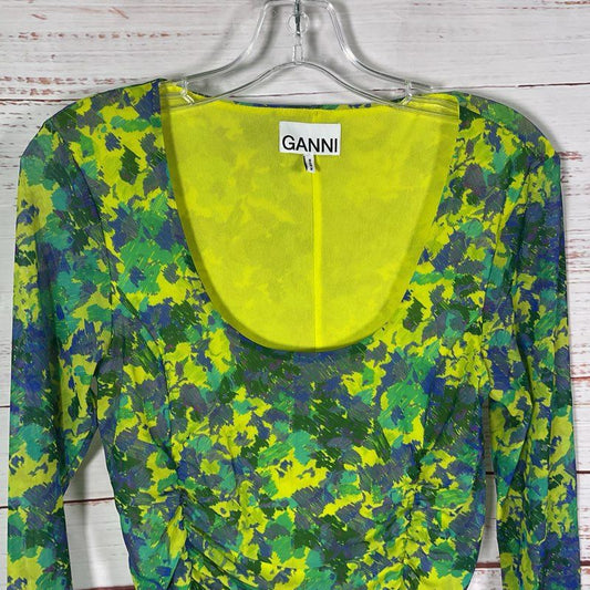 Ganni Green & Blue Floral Print Ruched Mesh L/S Scoop Neck Midi Dress - Size 36