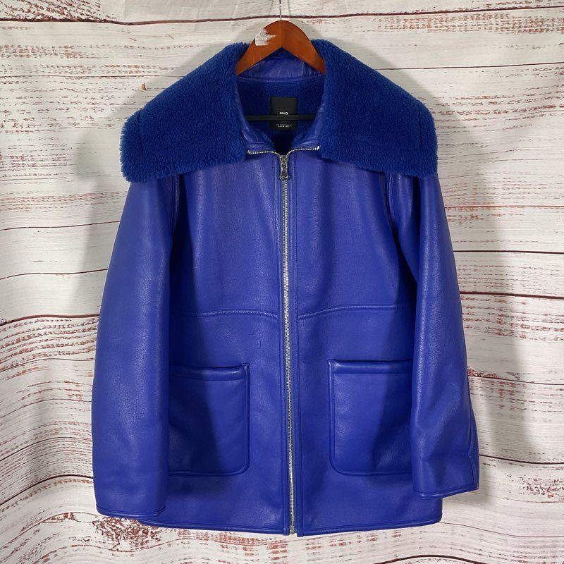 Mango Blue Faux Leather & Shearling Collar Full Zip Jacket - Size M