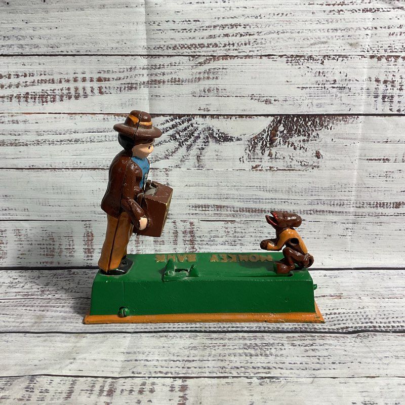Vintage Cast Iron Monkey Bank Mechanical Coin Bank *WORKS*