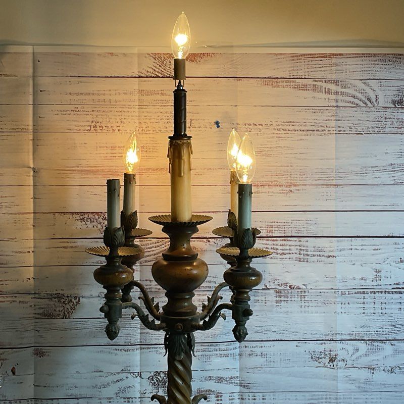 ANTIQUE French?? Brass and Wood Base 5 Arm Ornate Lamp- 42" Tall
