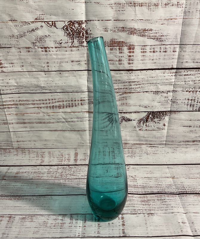 Contemporary Hand Blown Bent Neck Pontil Blue Art Glass Vase MCM Style 13” Tall