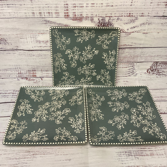 Temp-Tations Green Grey Floral Lace Ceramic Square Dish 8.5" 3 Dishes