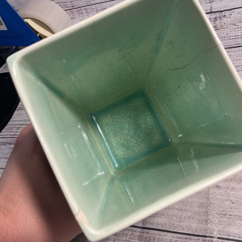 William Menker 7" Green/Brown Ombre Square Ceramic MCM Vase F-101
