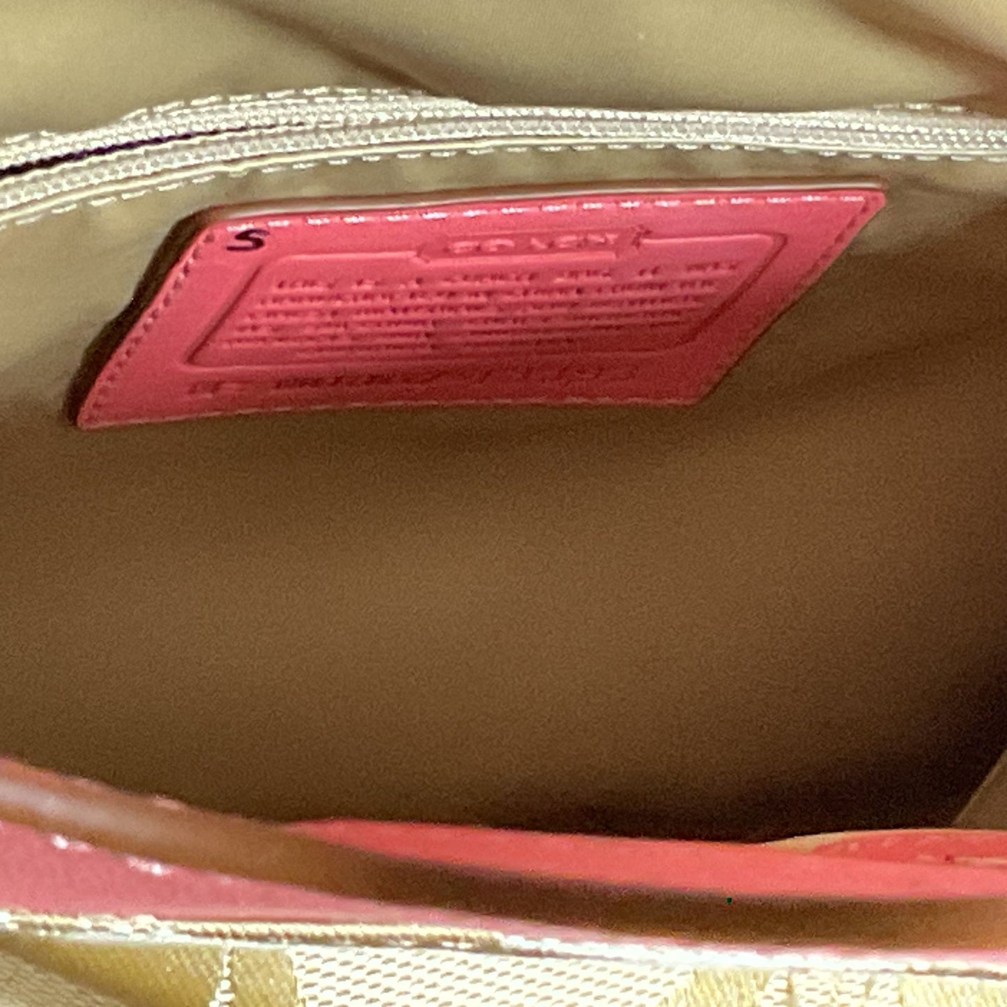 COACH Bonnie Signature Tan Pink/Coral Colorblock Trim Canvas Crossbody/Hand Bag