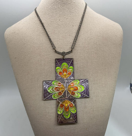VTG. Artisan Cloisonne Enamel Stain Glass Style Large Cross Pendant Necklace