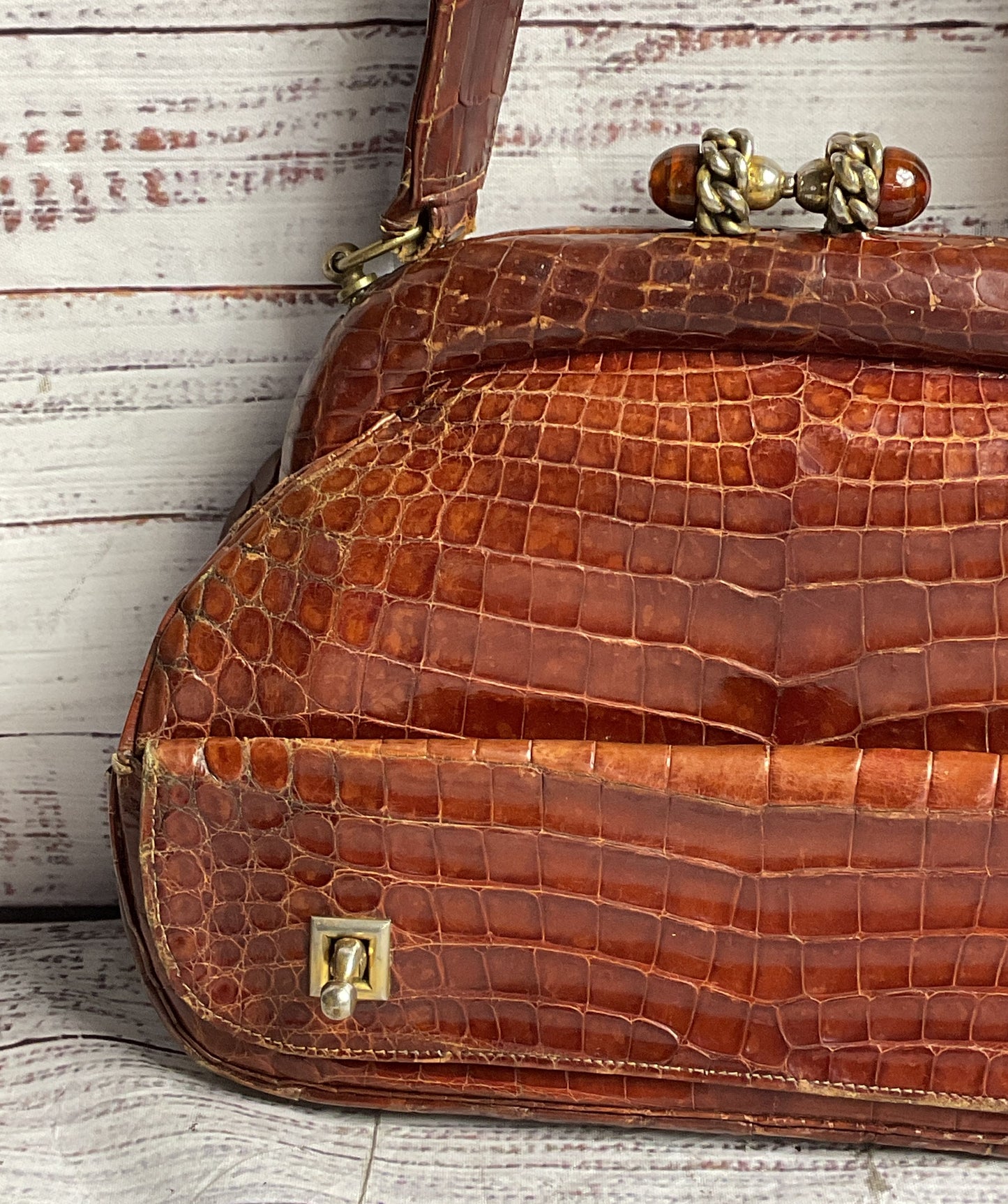 Vintage Leather Reptile Embossed Top Handle Bag Brown