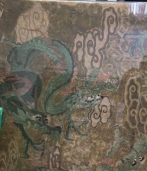 Large ANTIQUE Asian Japanese or Chinese Dragon Silk Tapestry Acrylic Frame- 127"