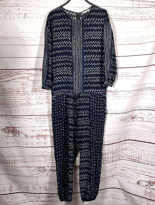 Ulla Johnson Zig Zag Pattern Long Sleeve Silk Jumpsuit Navy Blue 2