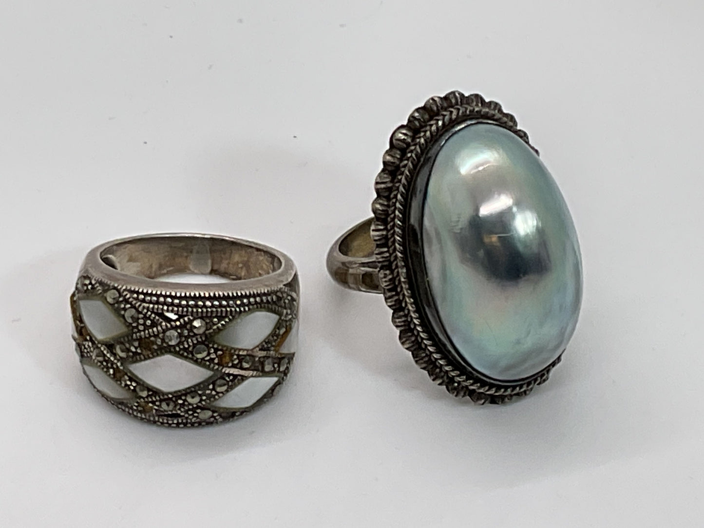 Set of 2 Sterling Silver Faux Pearl Abalone Marcasite SZ 8 Rings- 21.64g