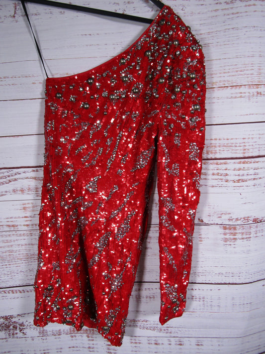 Dundas x Revolve Jett Women's One Shoulder Red Sequin Mini Dress Size S