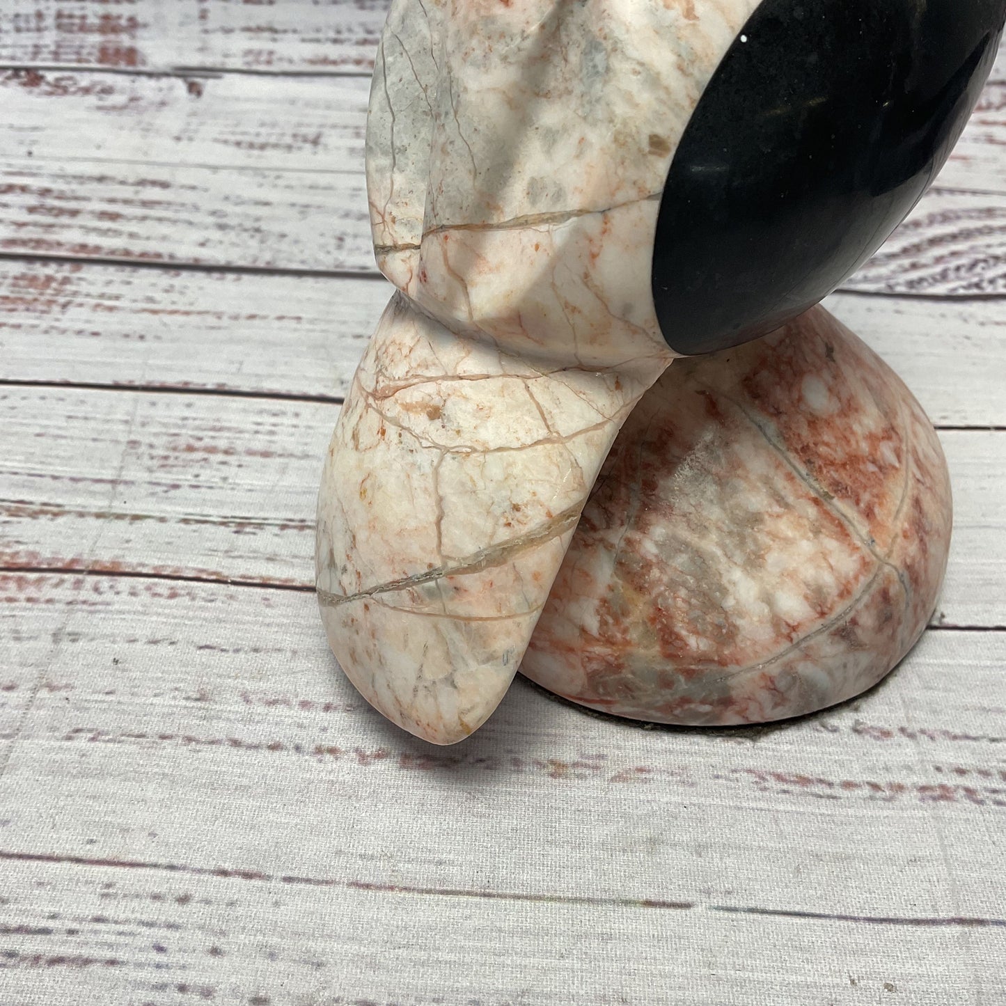 Pink Marble Carved Duck Black Stone Wings On Pedestal 7.5"