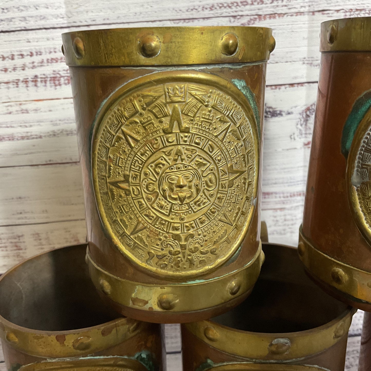 VTG. Mexican Copper & Brass Aztec Mayan Calendar Mugs- Set of 5