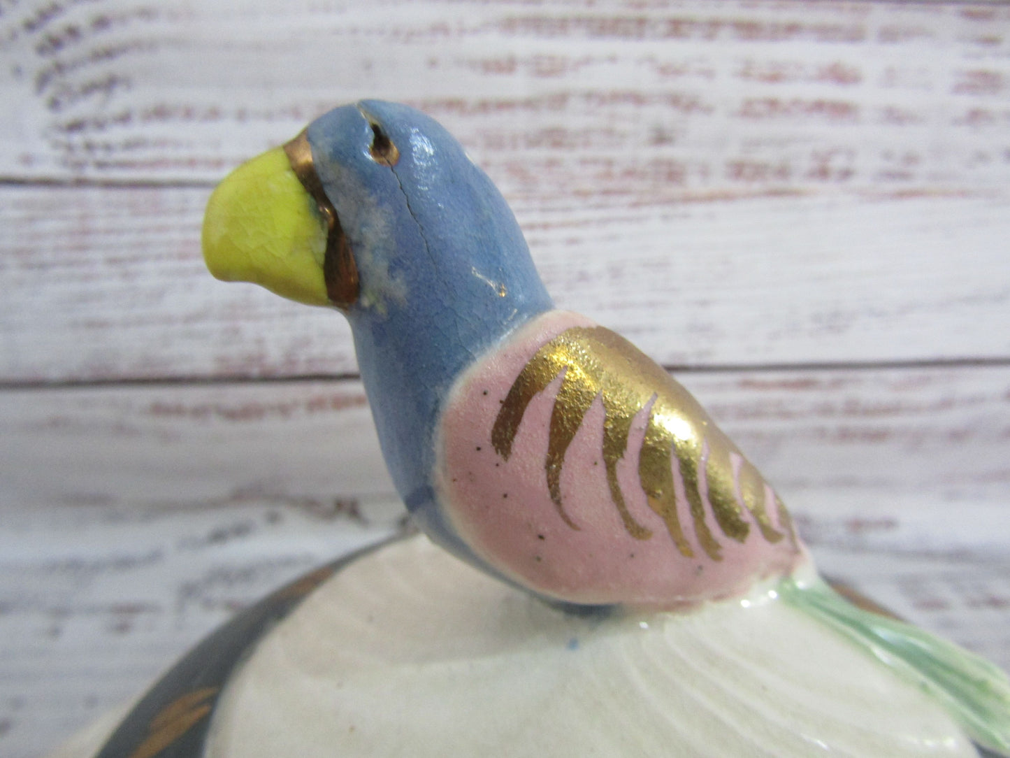 Vintage Artist Signed Handcrafted Parrot Motif Covered Butter / Cheese Plate