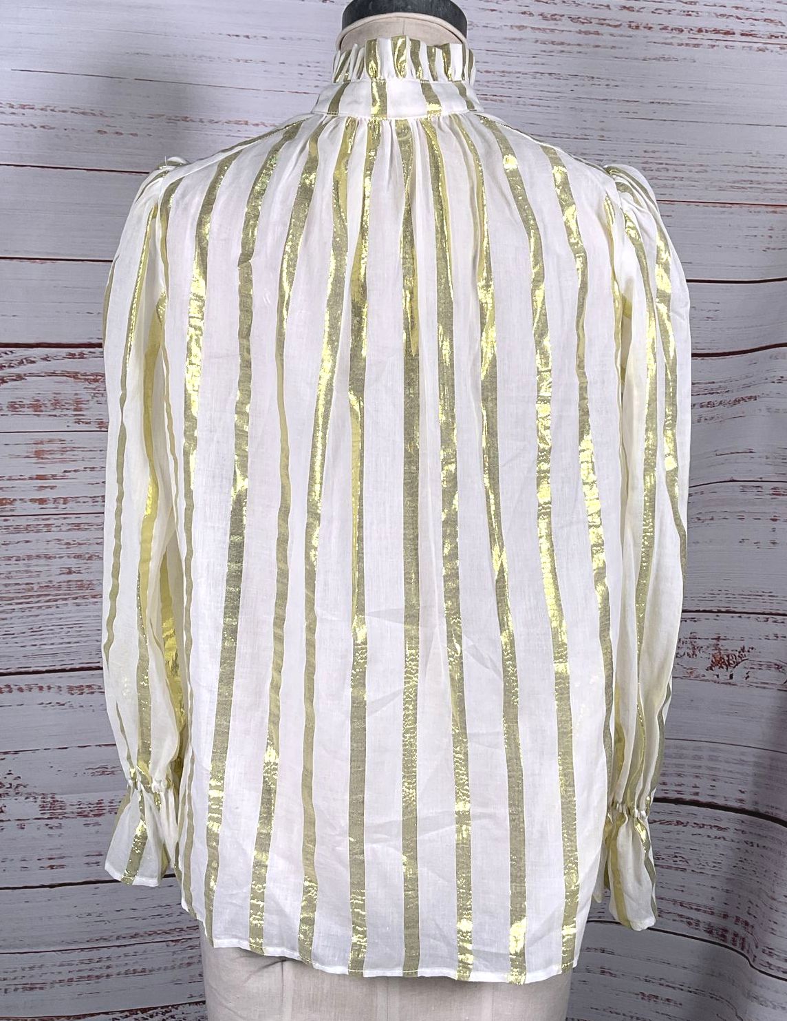Monica Mahoney Ruffle Gauze Silky Metallic Stripes Blouse White Gold S