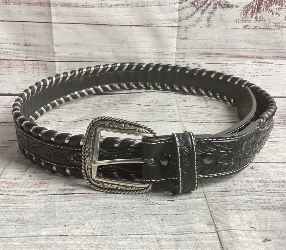 Ariat Leather Whipstitch Tooled Belt Black 38