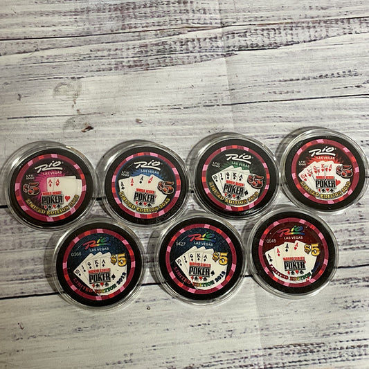 2012 & 2013 Rio Casino Limited Edition $5 Gaming Poker Chips (Set of 7)