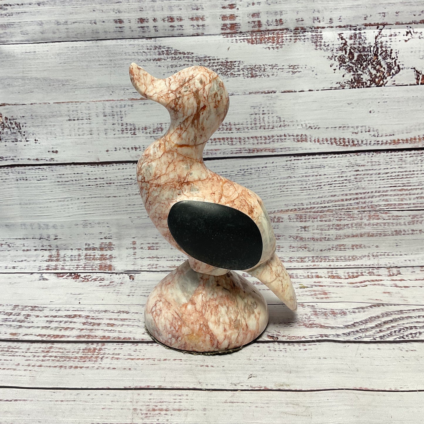 Pink Marble Carved Duck Black Stone Wings On Pedestal 7.5"