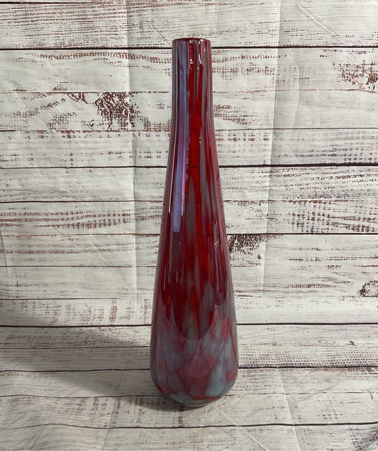 Vintage Murano Art Style Grey & Red Hand Blown Long Vase 15.5"