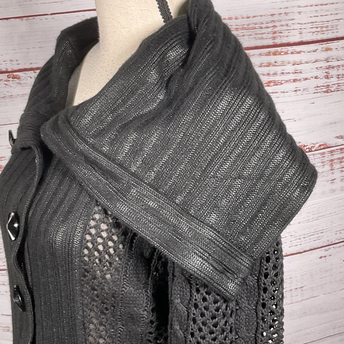 BYRON LARS Beauty Mark Women's Black Cable & Crochet Cardigan Sweater- SZ 8