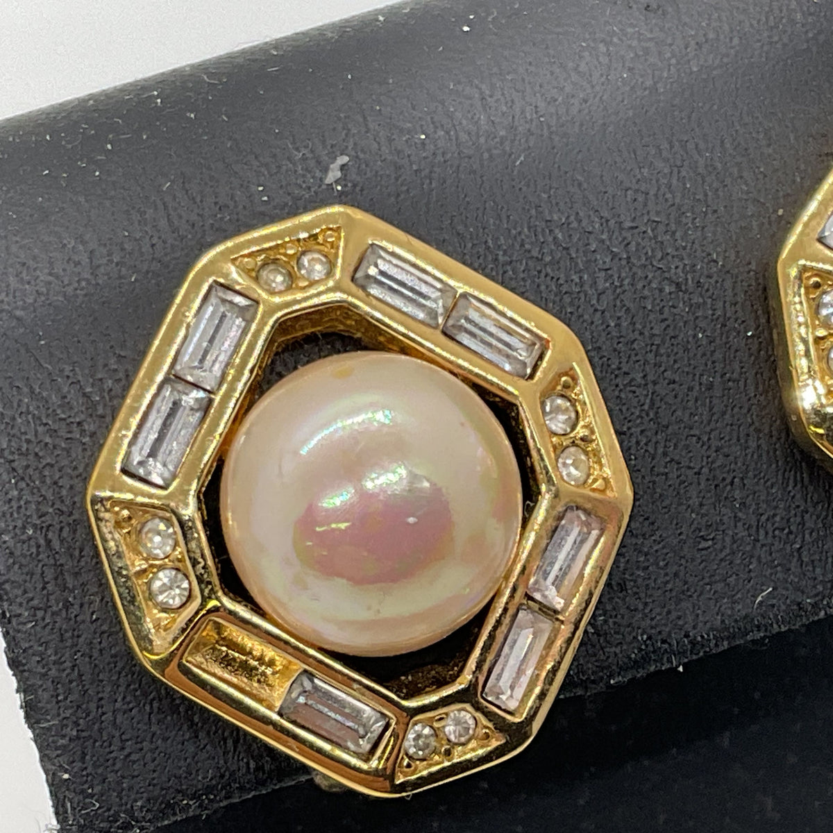 CHRISTIAN DIOR Gold Tone Faux Pearl Rhinestone 20mm Earrings- MISSING 1 STONE