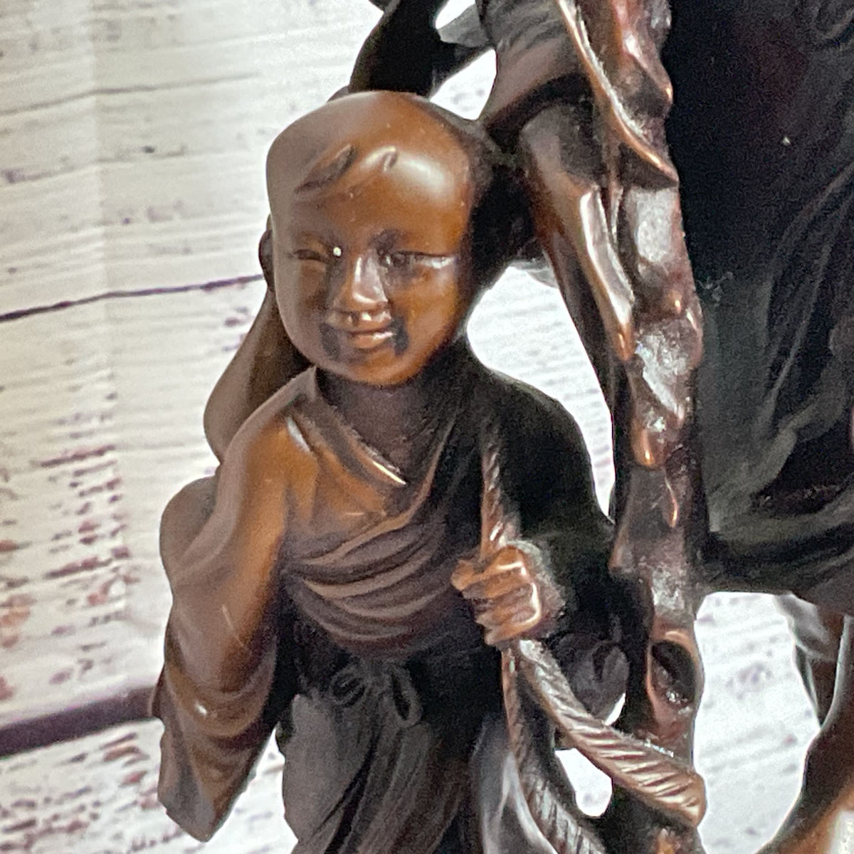 VTG./ANTIQUE Wood Carved Chinese Man, Child and Bat- 9"