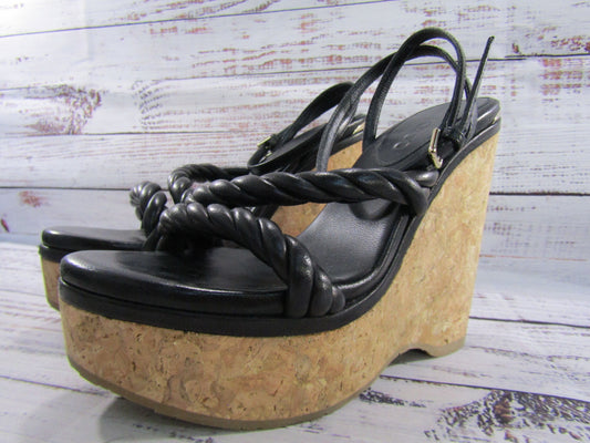 Jimmy Choo Diosa Women's Black Leather Espadrille Wedge Sandals Made in Spain