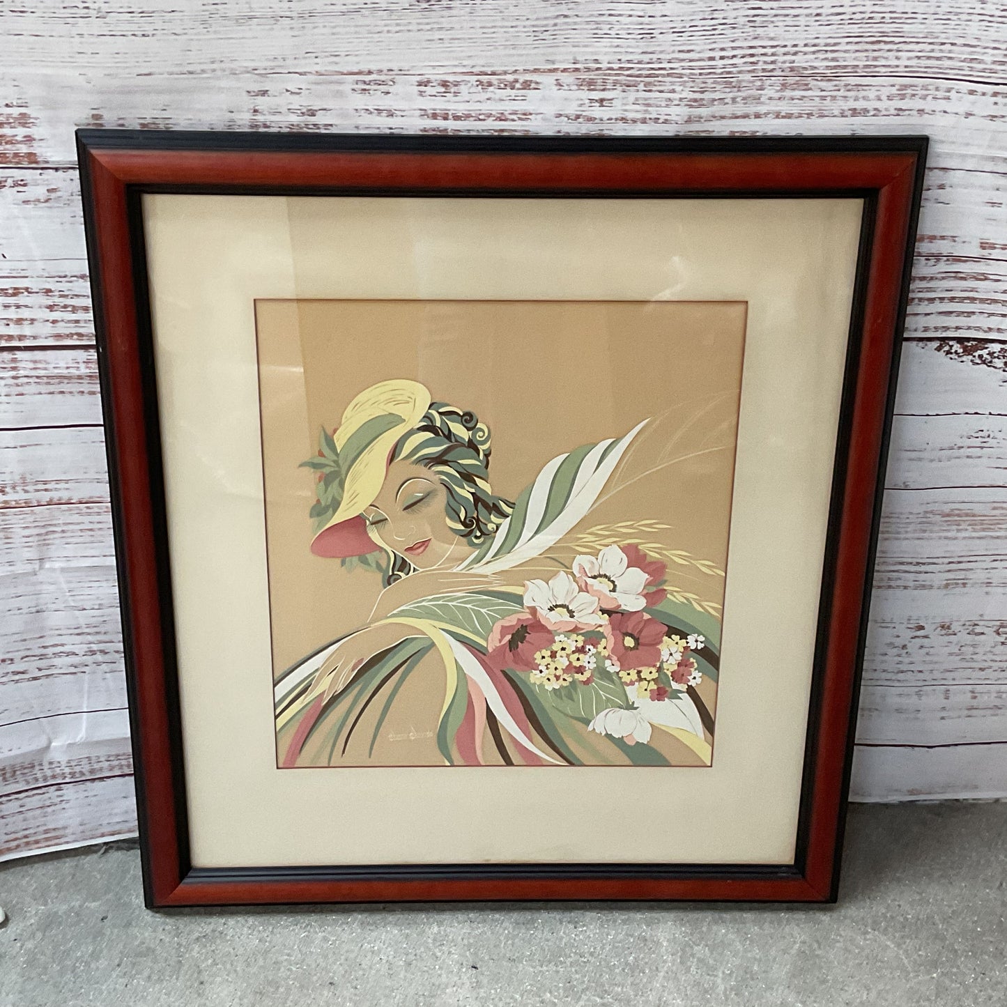 Signed Mid Century DUANE PERRIGO Art Deco Lady with Florals Painting