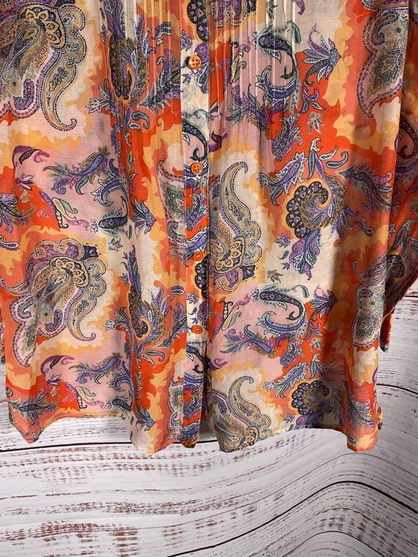 ETRO Women's Multicolor Paisley Pattern Orange Button Up Blouse Silk Size 40