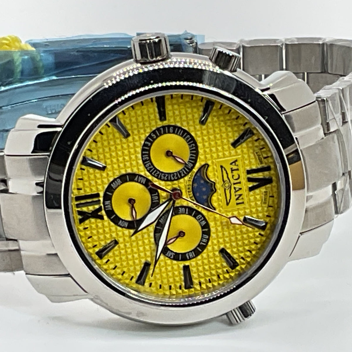 NWT INVICTA #4084 Men's Stainless Yellow Dial Chronograph Watch- 8.75"