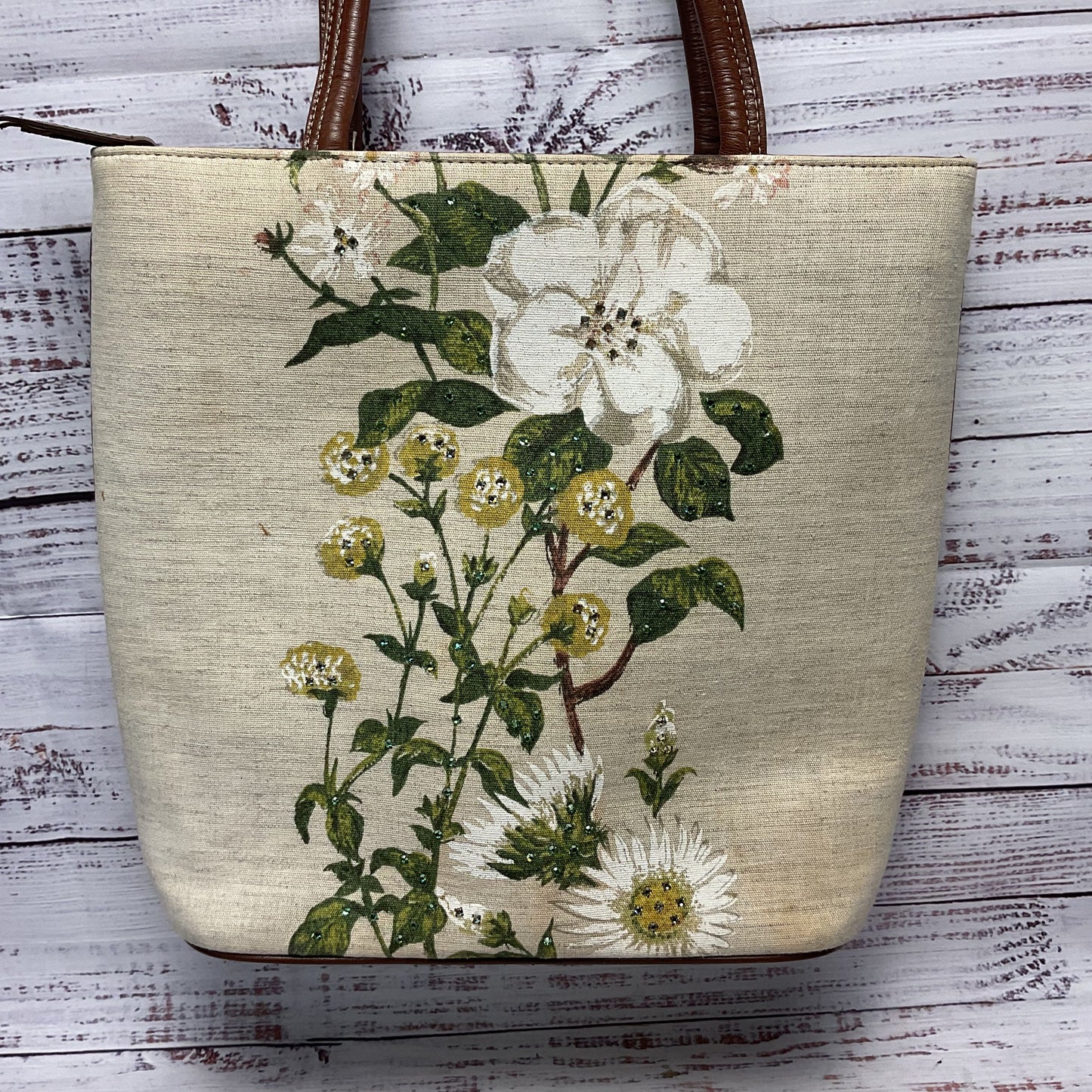 Isabella Fiore Floral Print Rhinestone Canvas Leather Tote Purse 11"x4"x11"