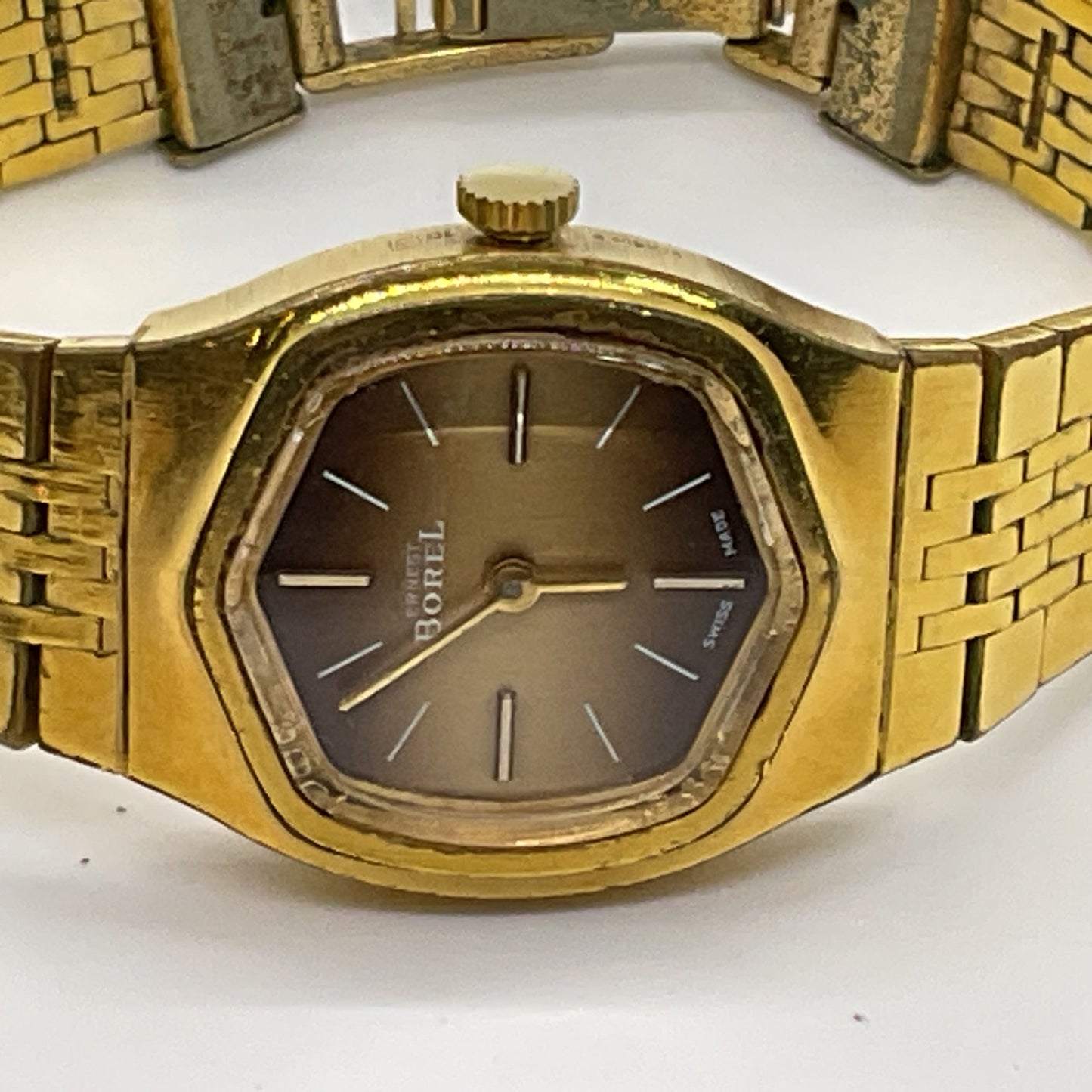 VTG. ERNEST BOREL Gold Plated Octagon Case Women's Watch- 6" Band- WORKS!!!