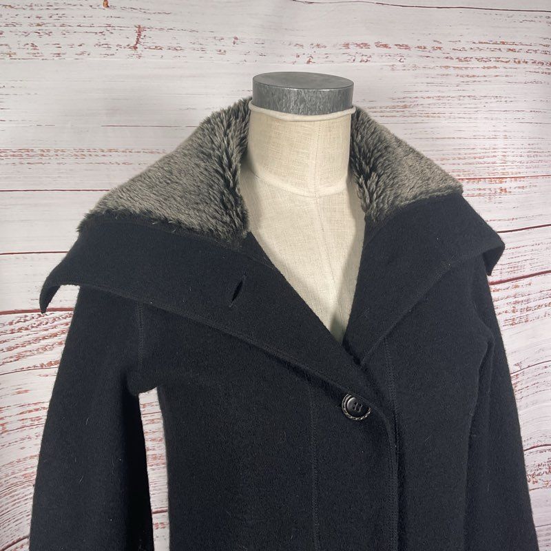 Cullen Black Wool Faux Fur Collar Mid-Length Cardigan Coat - Size S