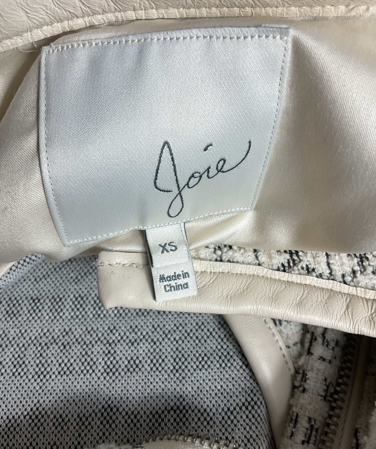 Joie Pattyn Jacquard Tweed Moto Leather Trim Jacket Ivory XS