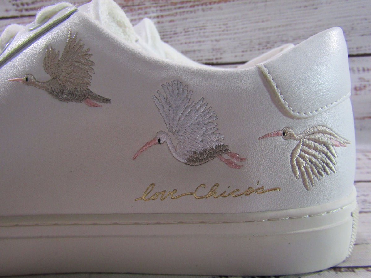 Chico's Ingrid Women's White Leather Crane Embroidered Sneakers Size 9.5