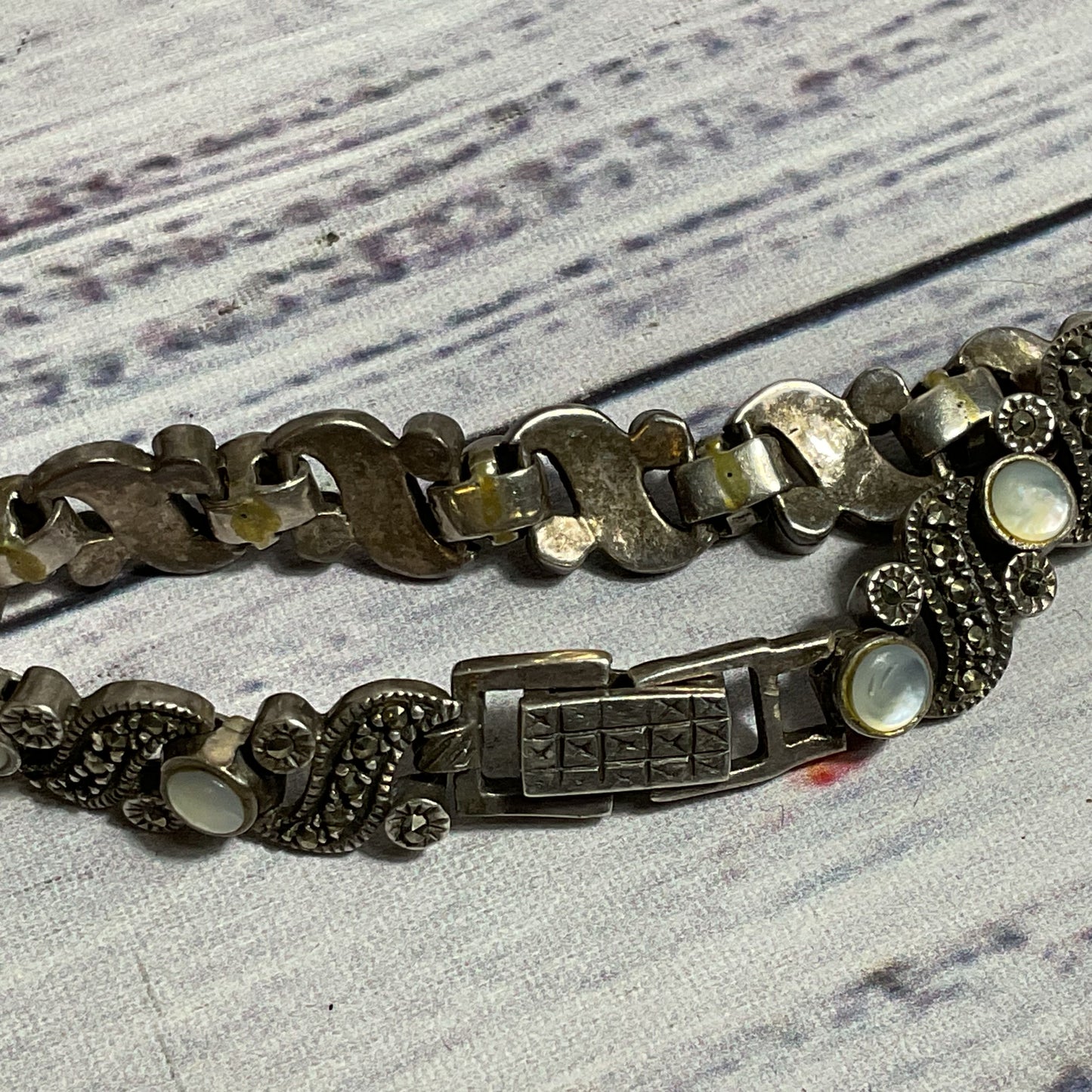 Sterling Silver & Moonstone, Marcasite Link 5.75" Bracelet- 20.29g