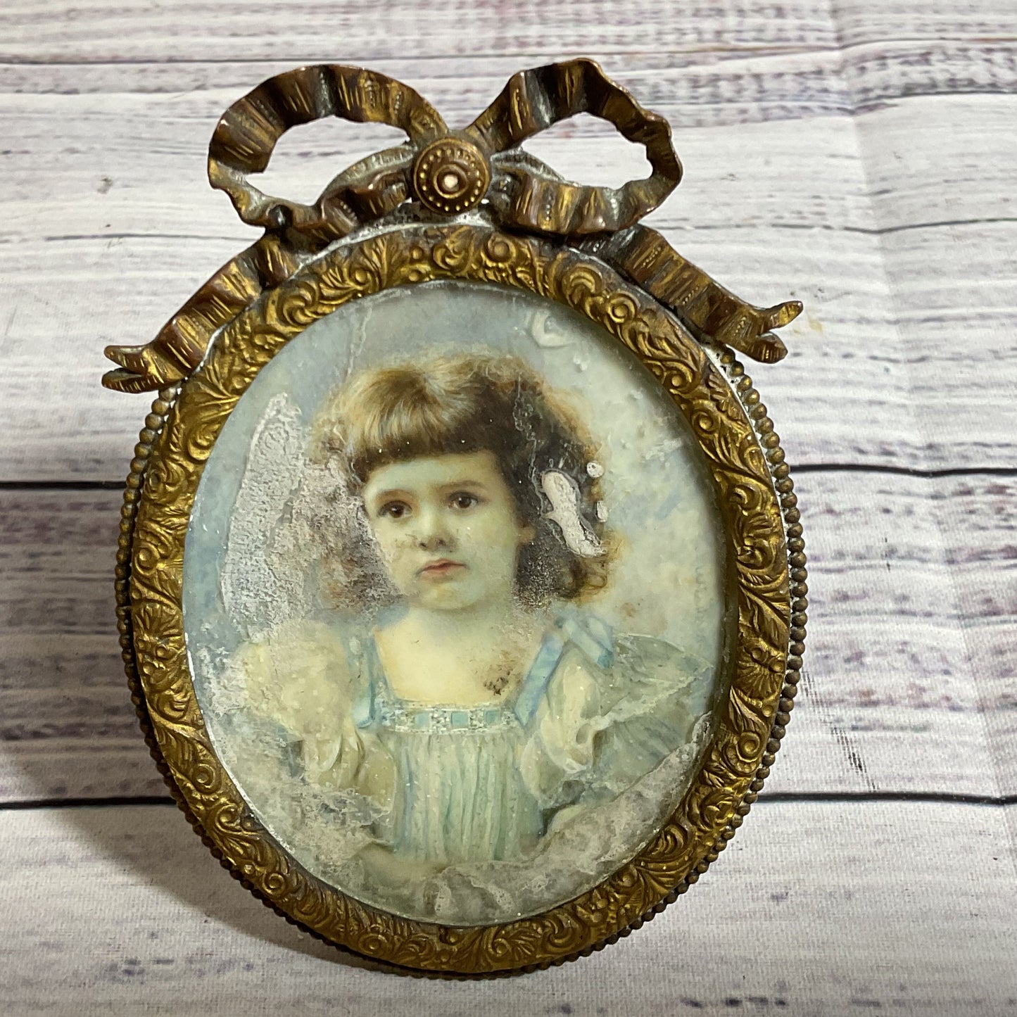 Signed ANTIQUE Miniature Portrait of Child w/ William Schaus Brass Gilded Frame