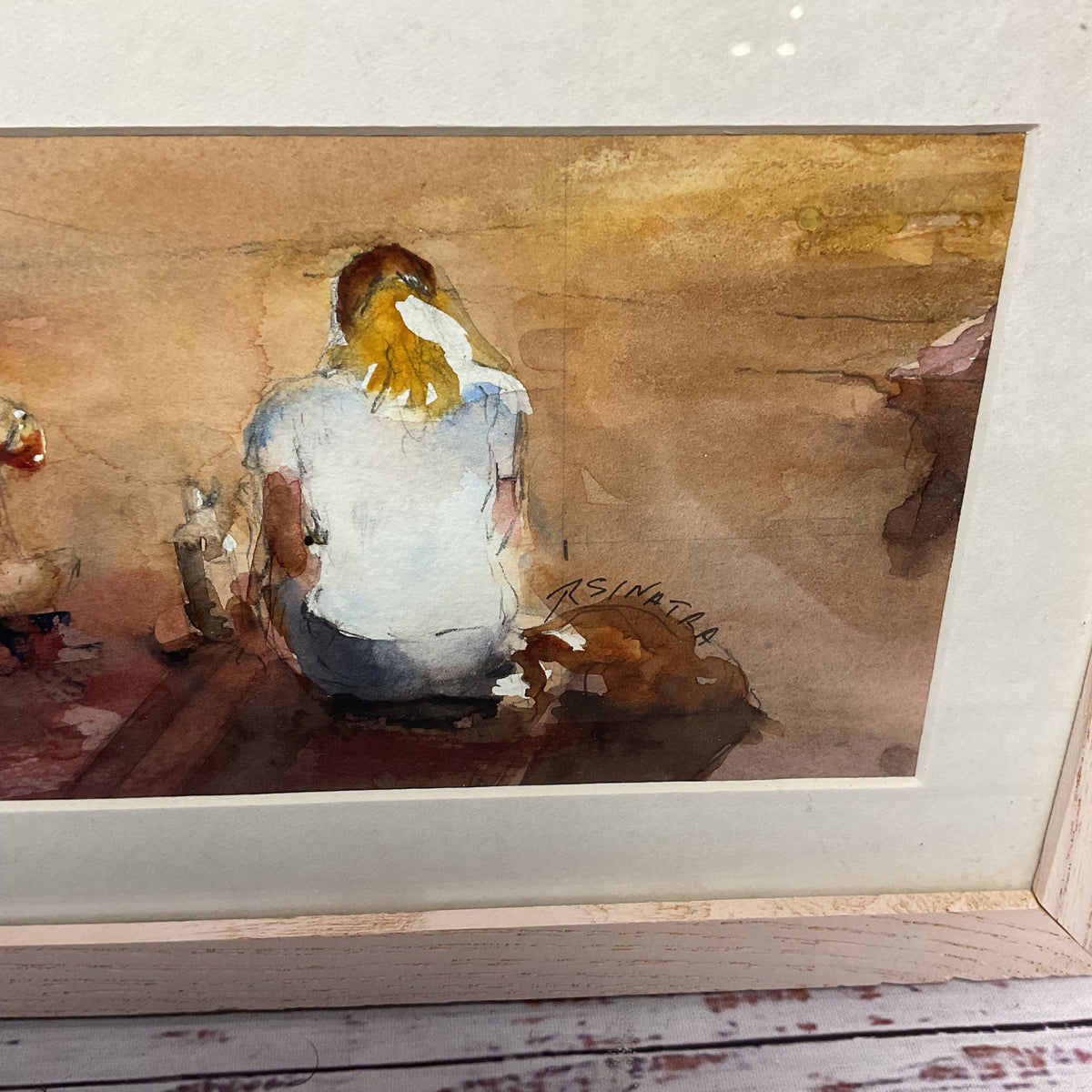 Rose Sinatra 2 People Sitting Backs Turned Watercolor Painting Artwork Signed