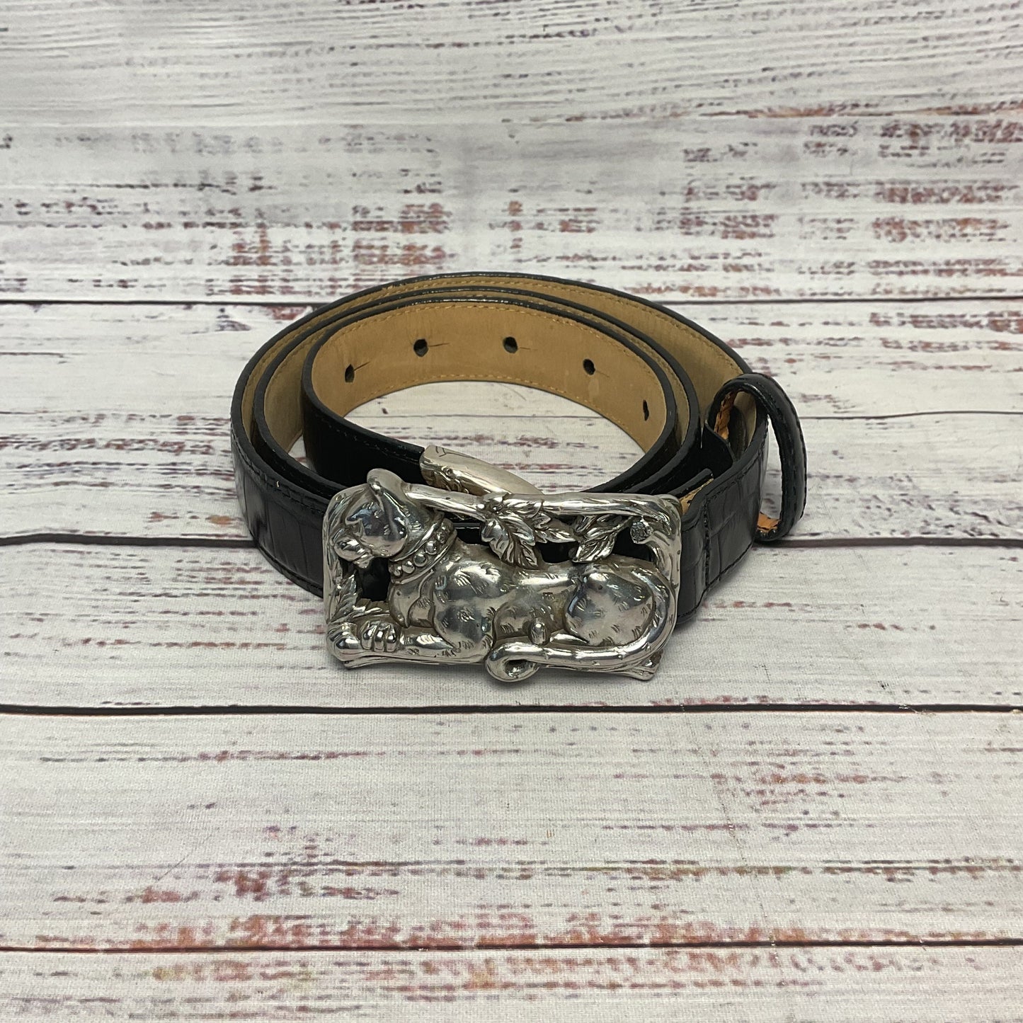 Brighton Black Embossed Reptile Pattern Leather Silver Tone Cat Buckle Belt L/34