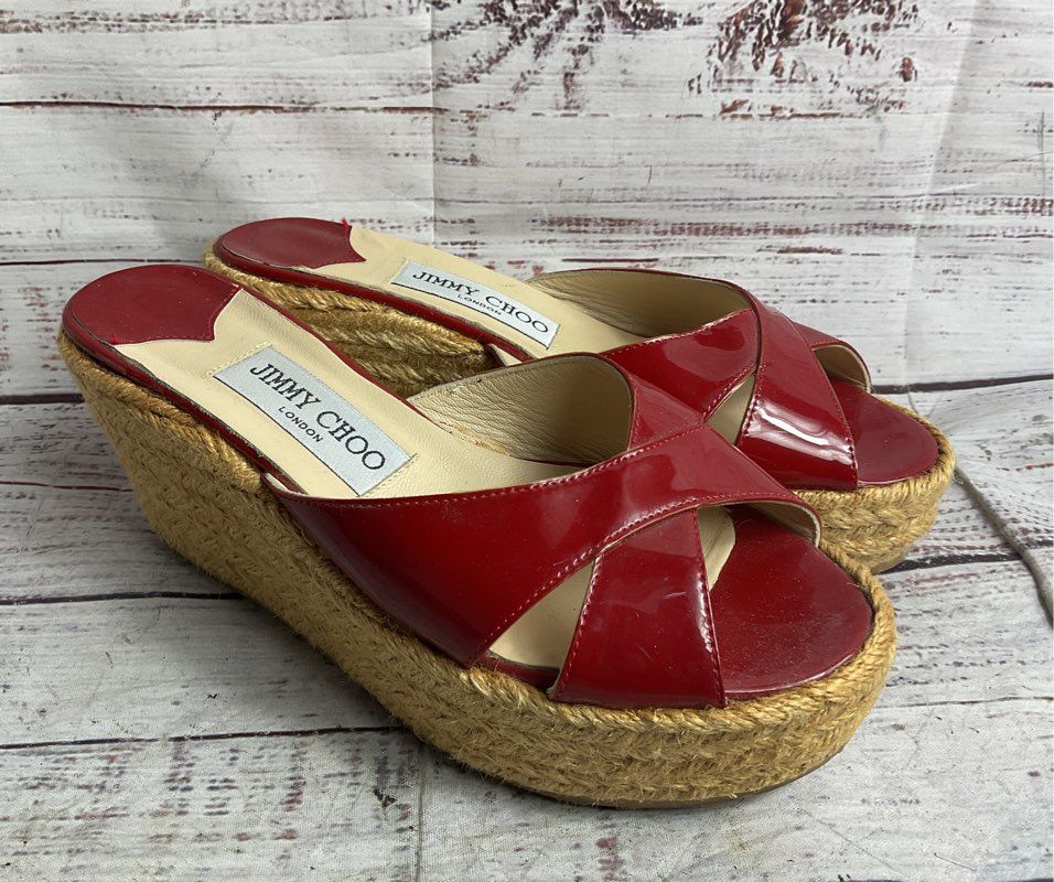 Jimmy Choo Paisley Patent Leather Espadrille Wedges Red 36
