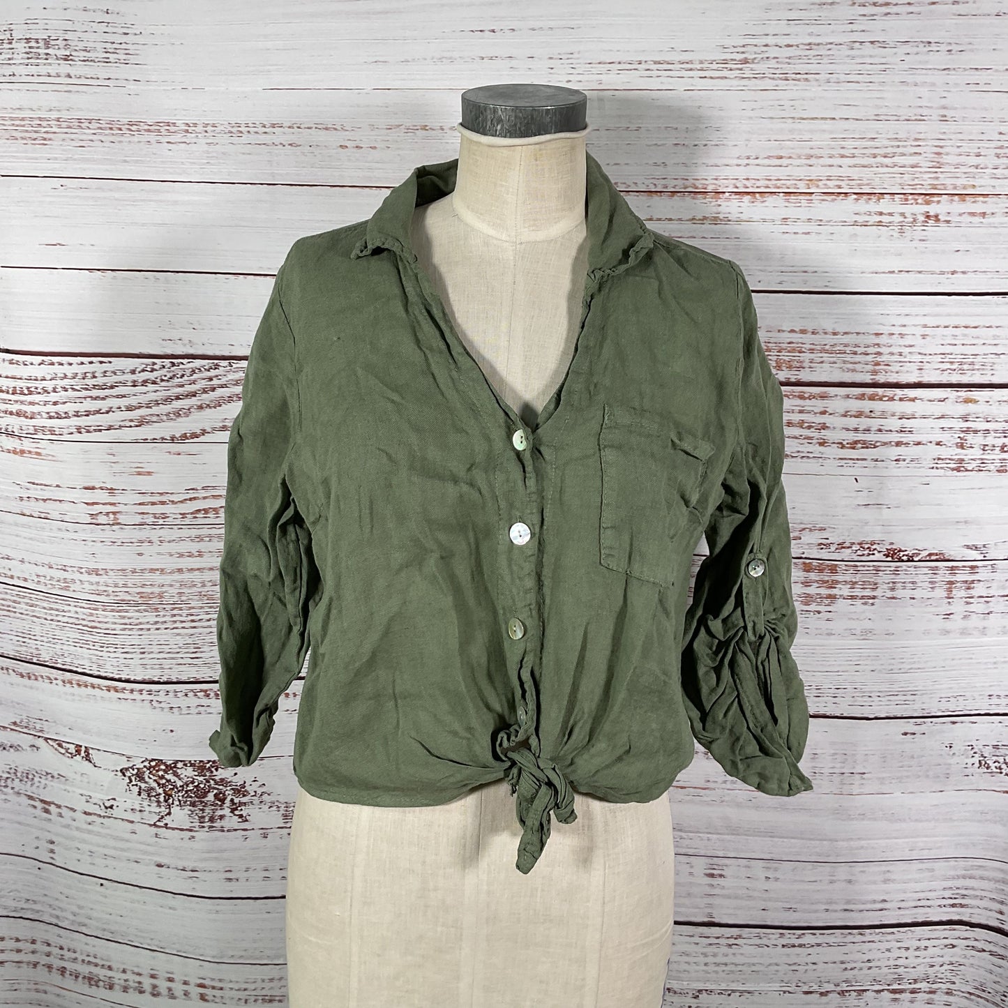 Meo Meli Green Linen Button Up Front Tie Blouse Top