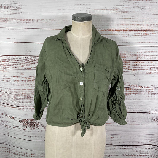 Meo Meli Green Linen Button Up Front Tie Blouse Top