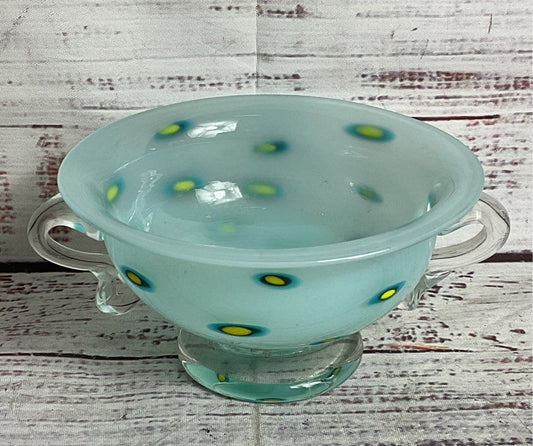 Modern Signed Hand-Blown Art Glass Double-Handled Small Bowl Blue