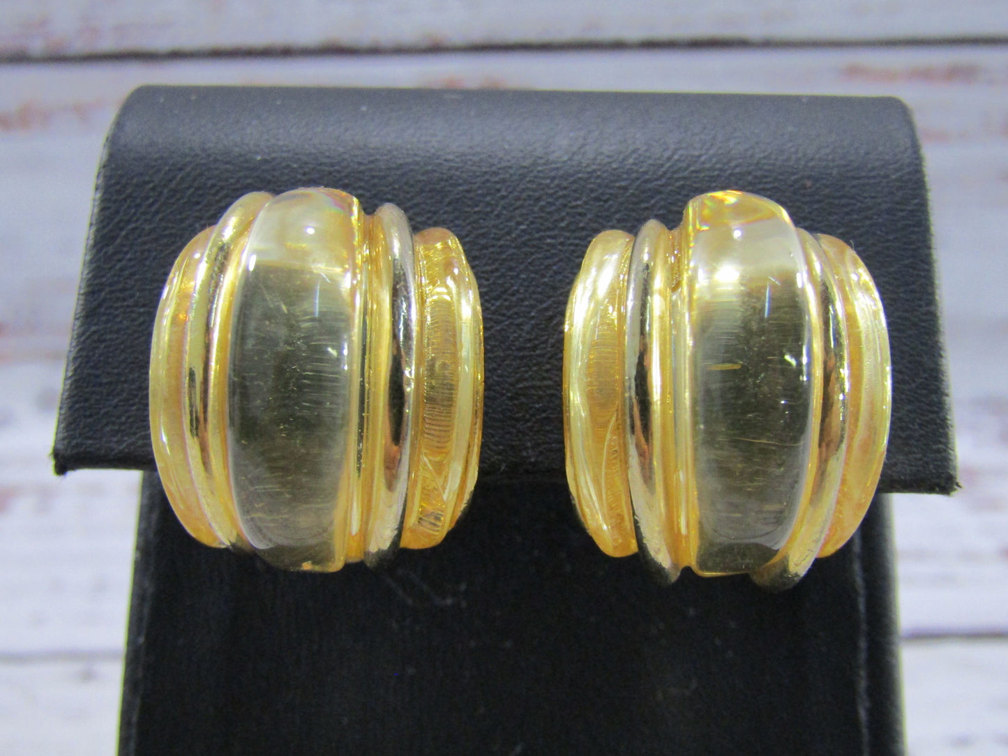 Vintage Kenneth Jay Lane Chunky Gold Plated Lucite Clip-On Earrings