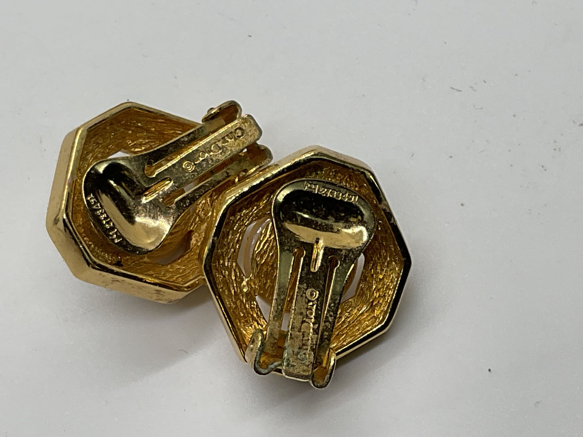 CHRISTIAN DIOR Gold Tone Faux Pearl Rhinestone 20mm Earrings- MISSING 1 STONE