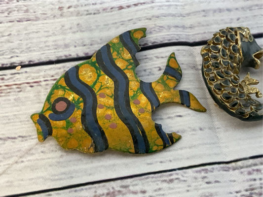 Set of 2 VTG. Brass & Enamel Fish Brooches
